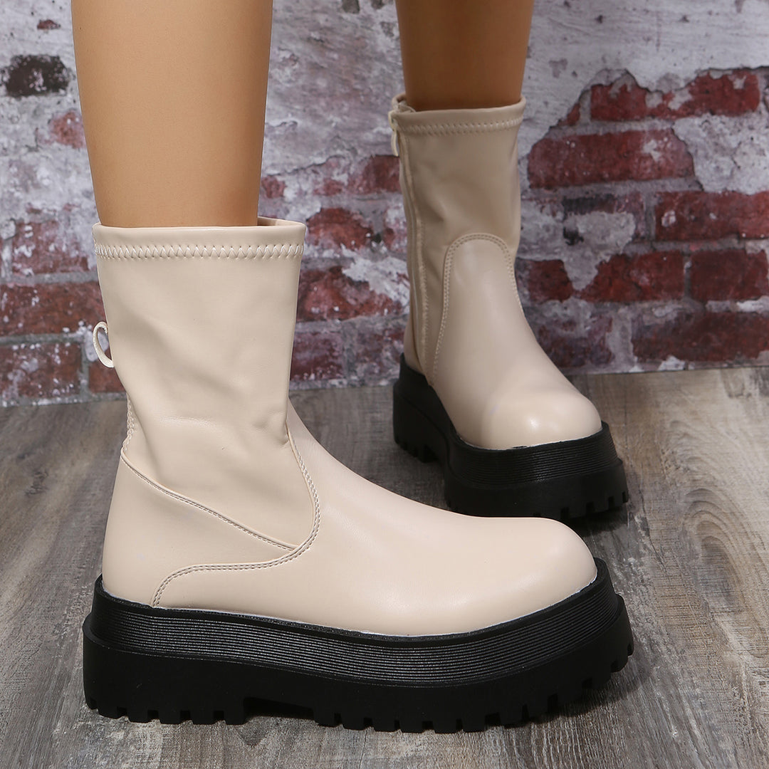 Round Toe Platform Sock Ankle Boots Lug Sole Zip Up Booties