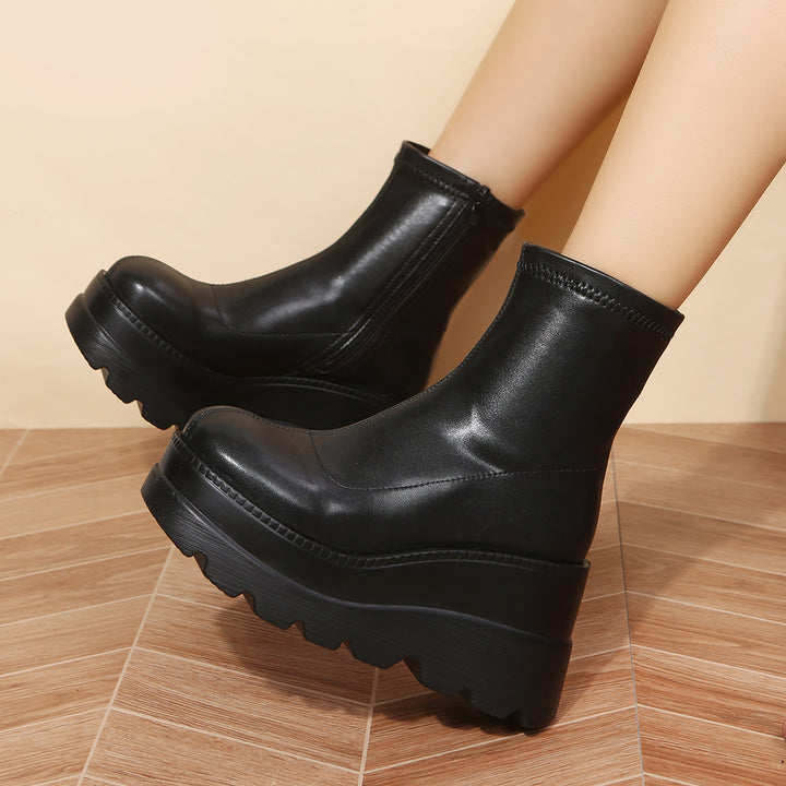 Black Platform Wedge Lug Sole Boots Side Zipper Ankle Booties