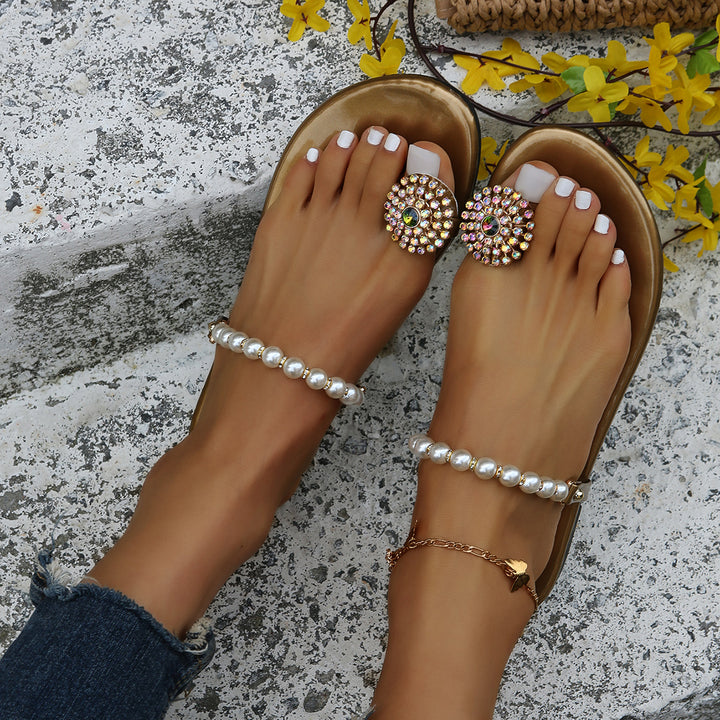 Pearl Toe Ring Slip on Flat Slippers Slide Sandals
