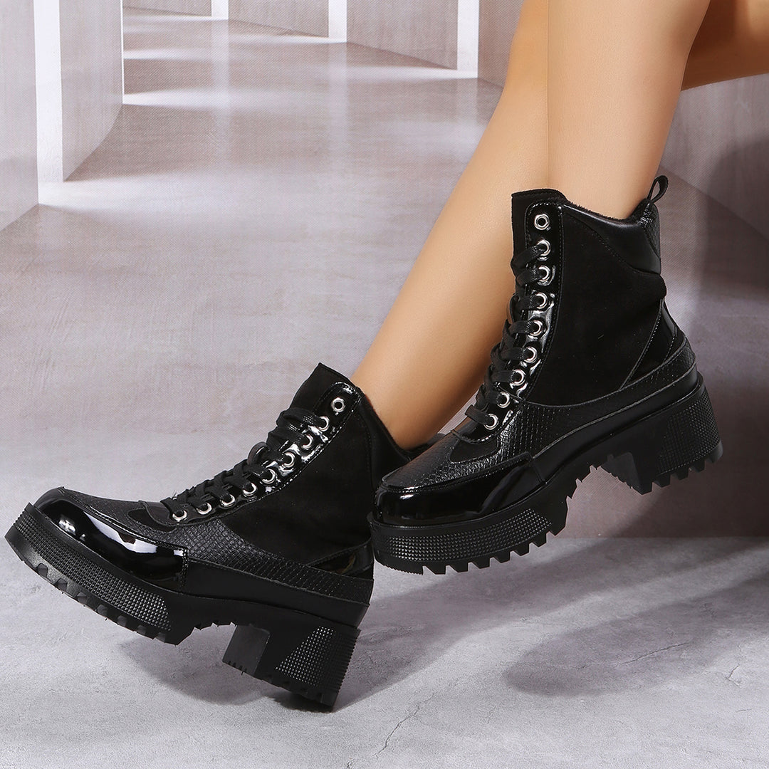 Platform Chunky Heel Warm Booties Lace Up Fur Lining Ankle Boots