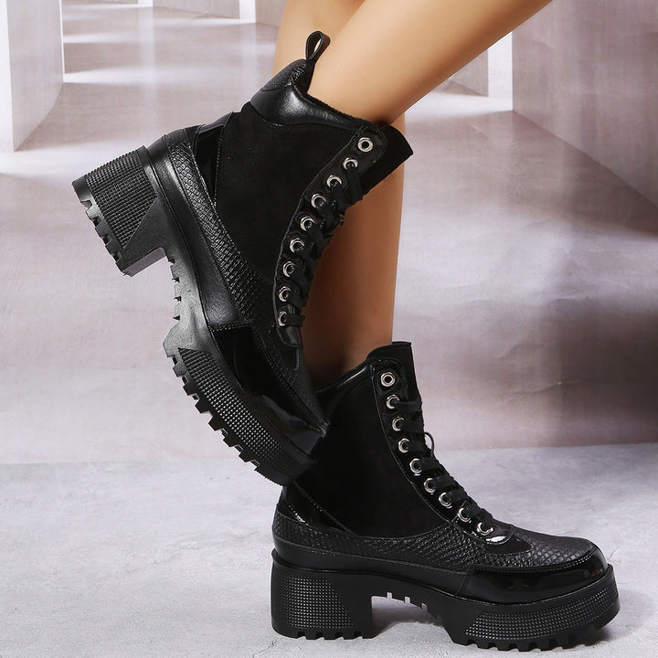 Platform Chunky Heel Warm Booties Lace Up Fur Lining Ankle Boots