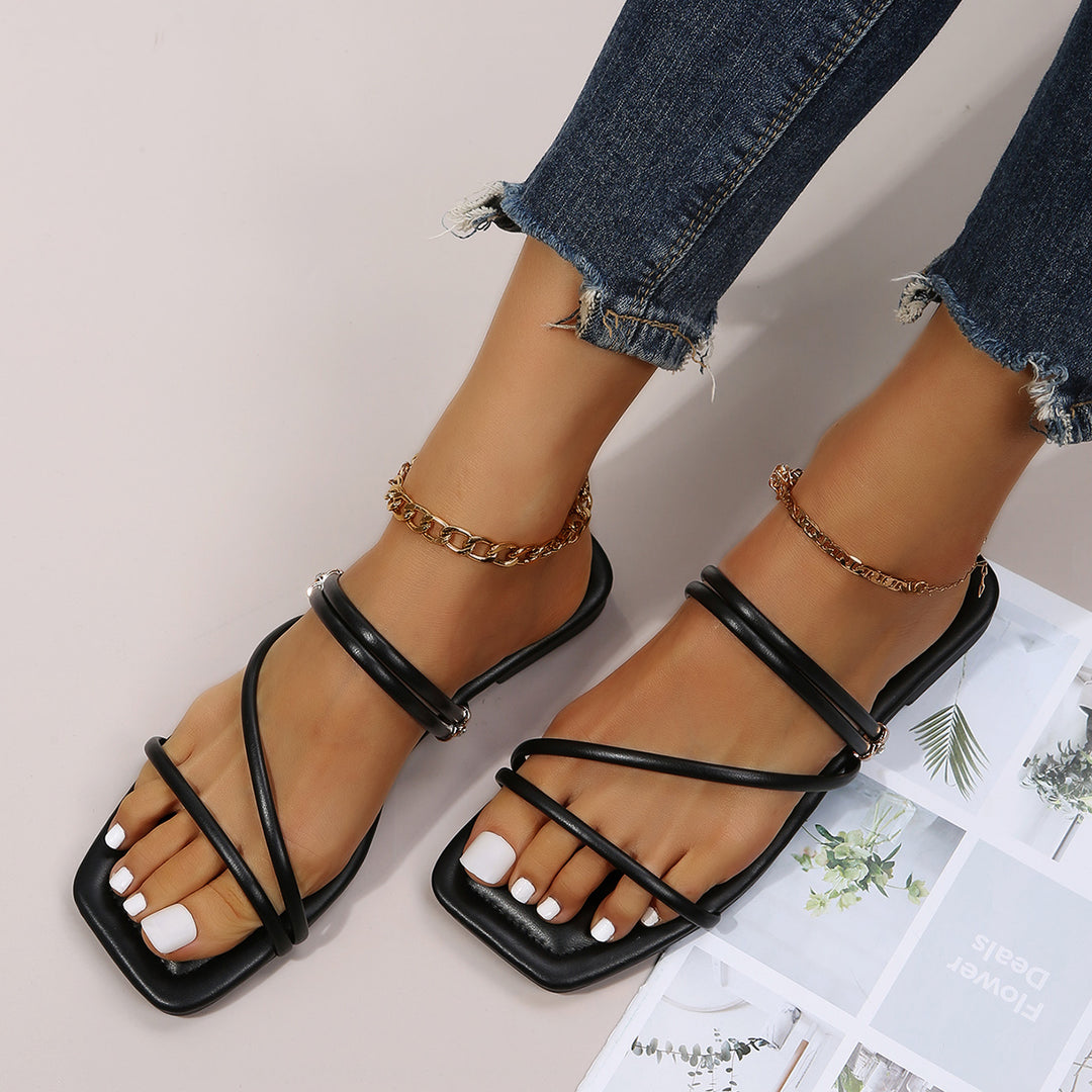 Black Square Toe Slip on Flat Multi Straps Slide Sandals