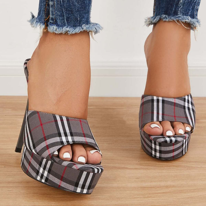 Open Toe Plaid Stilettos Thin High Heels Platform Slip-on Sandals