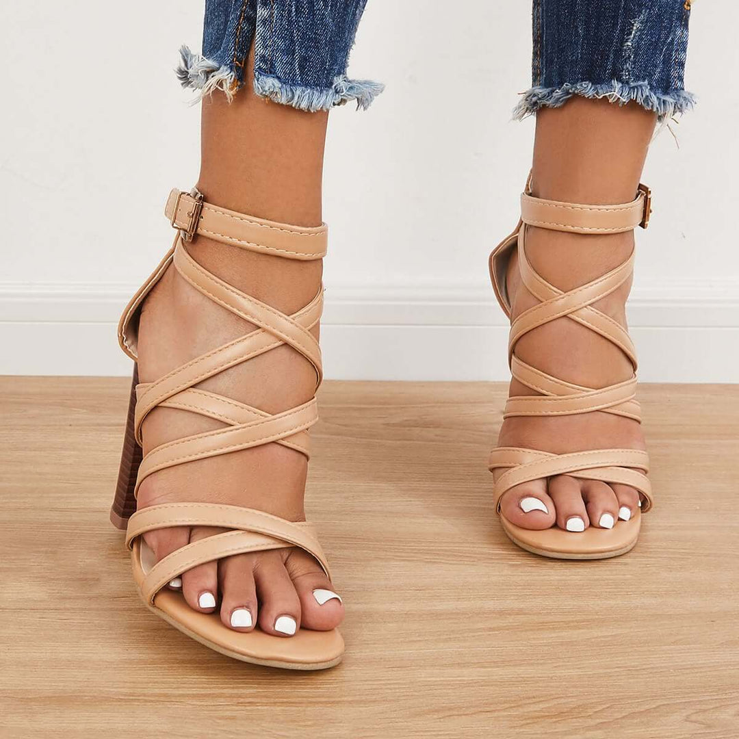 Criss Cross Chunky Block High Heels Ankle Strap Sandals