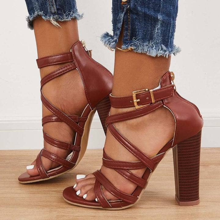 Criss Cross Chunky Block High Heels Ankle Strap Sandals