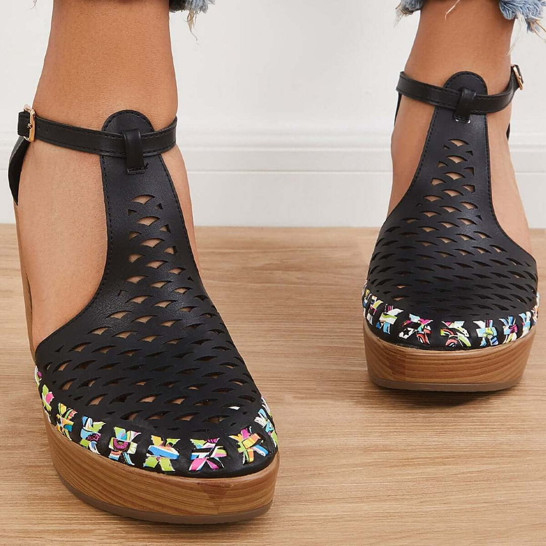 Platform Block Chunky High Heels Ankle T-Strap Cutout Sandals