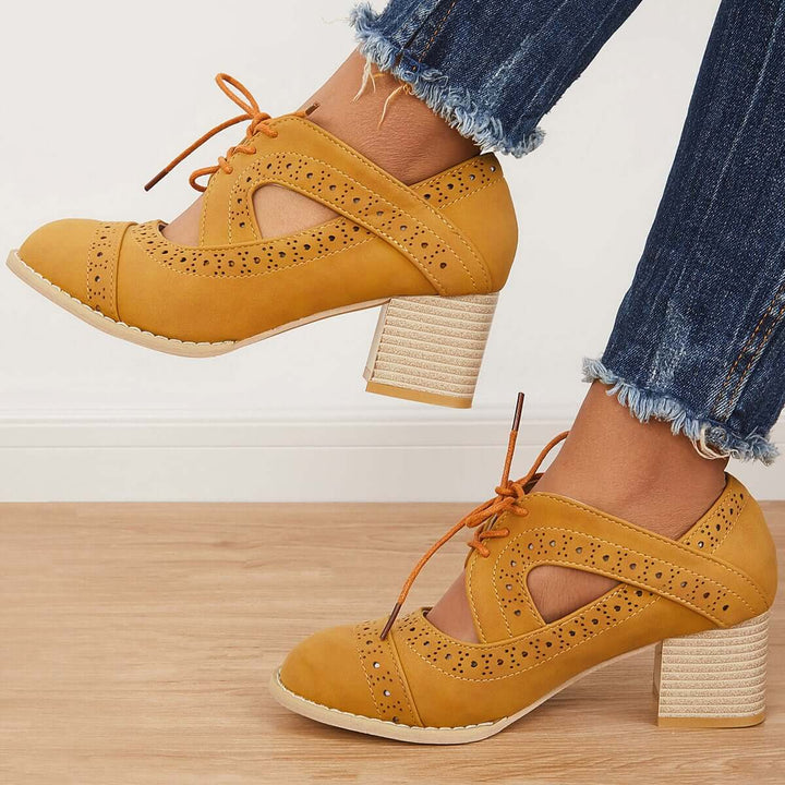 Vintage Oxfords Brogues Chunky Block Low Heel Shoes Stacked Pumps
