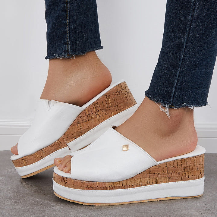 Tinstree Women Comfortable Cork Footbed Slip-on Sandals Platform Wedge Slippers White