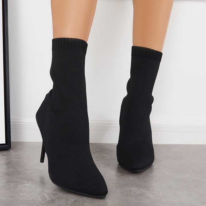 Stretch Stilettos Sock Booties Pointed Toe High Heel Mid Calf Boots