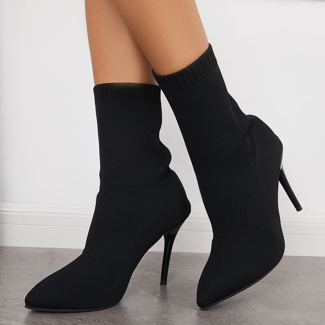 Stretch Stilettos Sock Booties Pointed Toe High Heel Mid Calf Boots