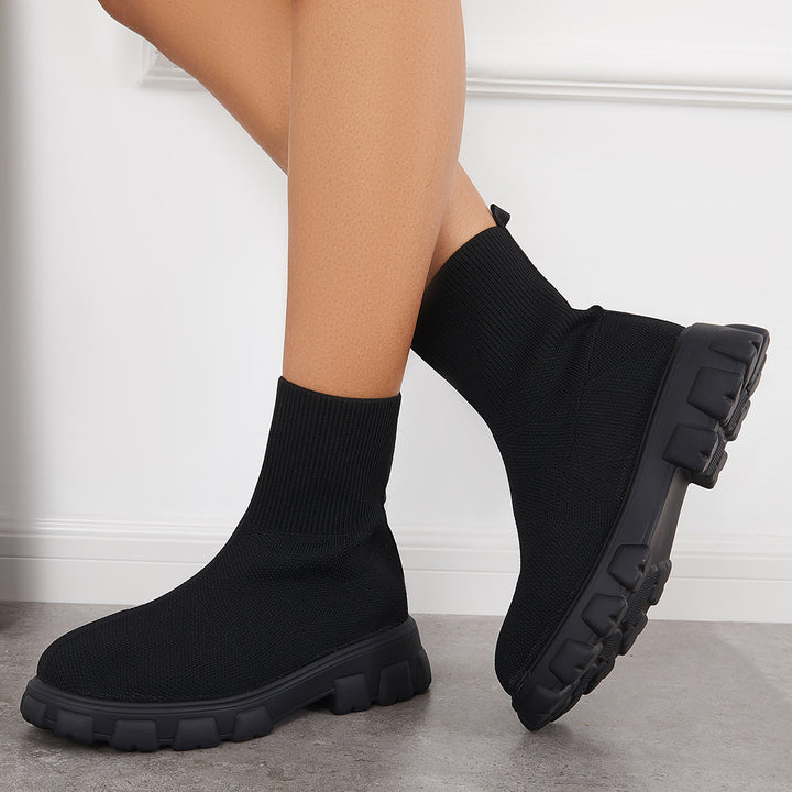 Knit Lug Sole Ankle Boots Chunky Platform Sock Booties