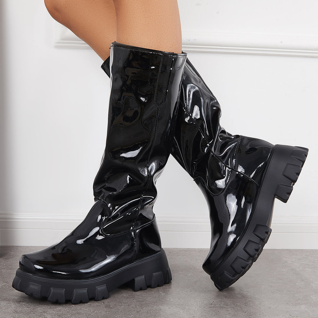 Patent Leather Platform Chunky Sole Knee High Boots