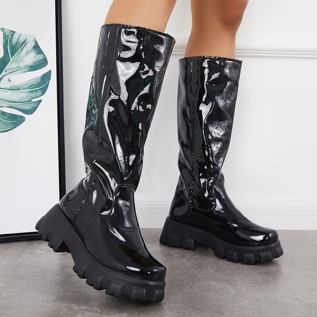 Patent Leather Platform Chunky Sole Knee High Boots