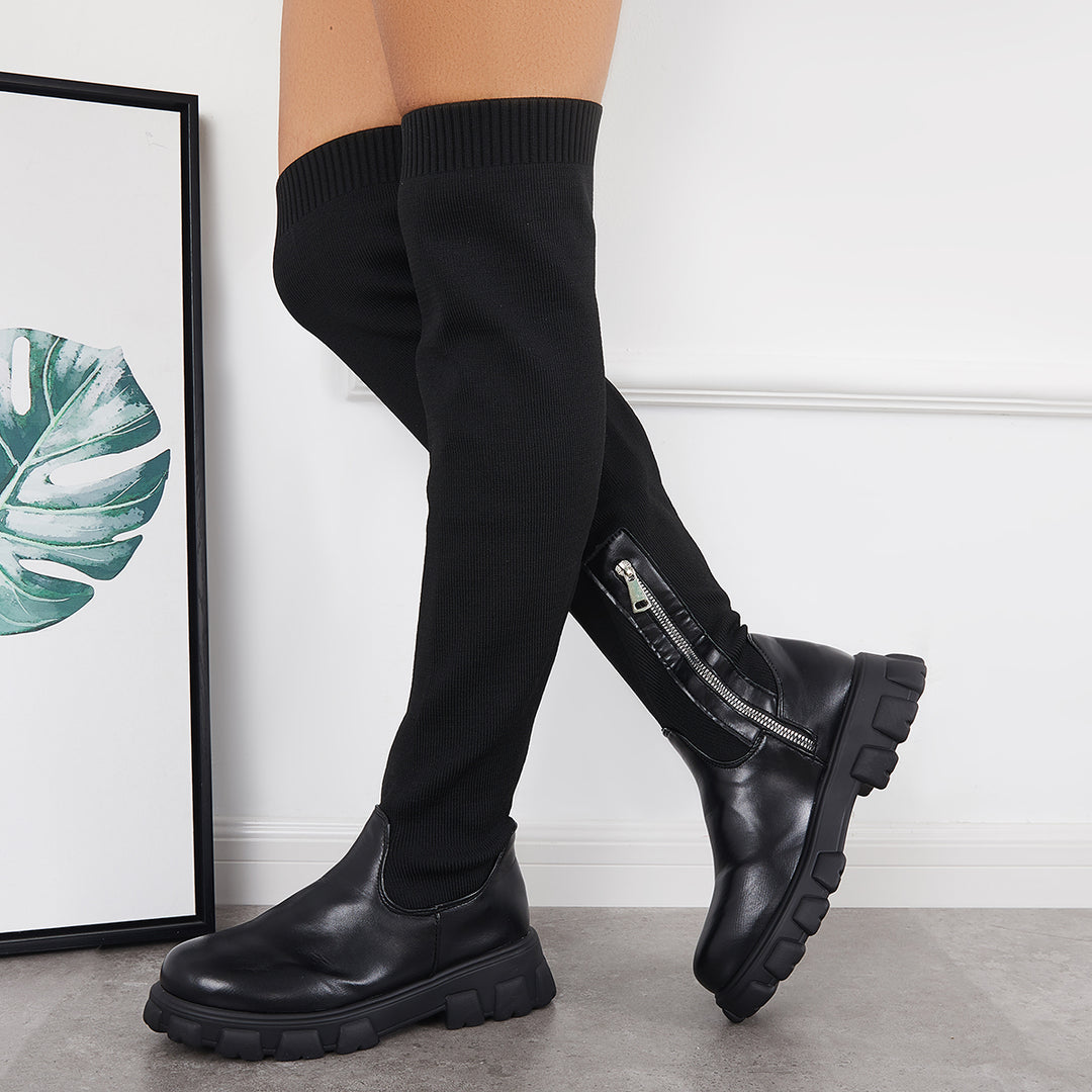 Stretch Over The Knee Boots Platform Chunky Sole Sock Boots