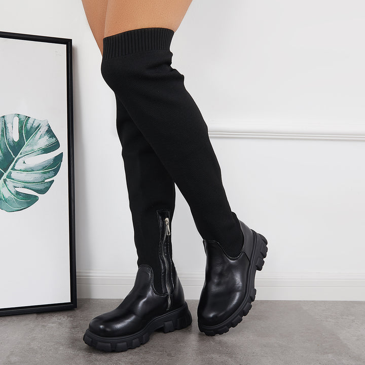 Stretch Over The Knee Boots Platform Chunky Sole Sock Boots