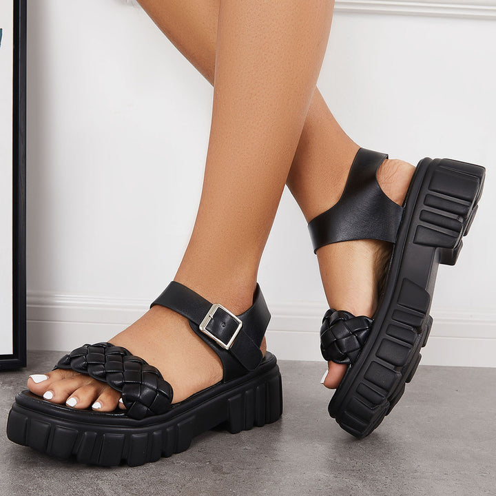 Open Toe Chunky Lug Sole Platform Heel Ankle Strap Sandals