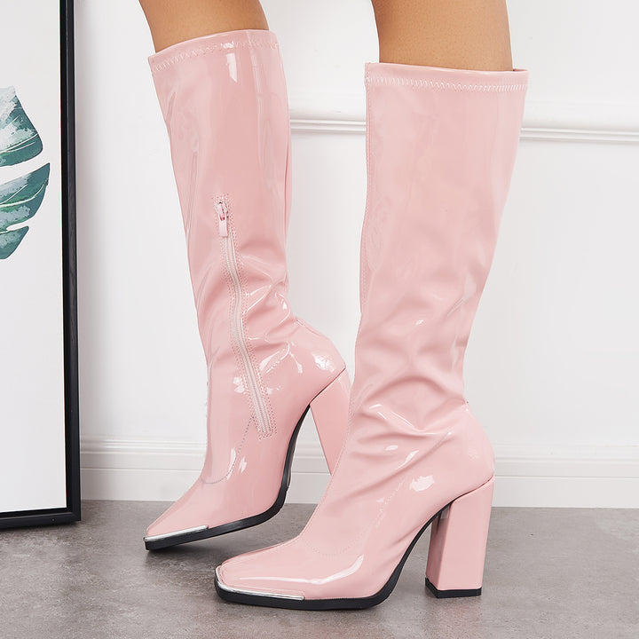 Patent Leather Square Toe Block Chunky Heel Knee High Boots