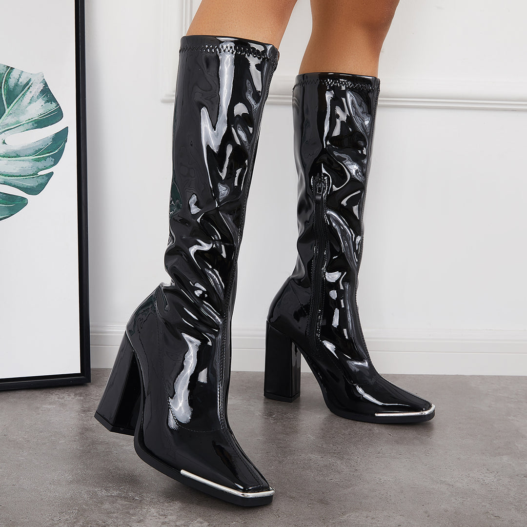 Patent Leather Square Toe Block Chunky Heel Knee High Boots