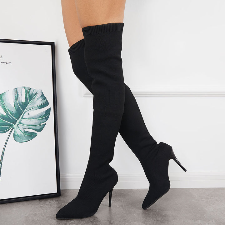 Stretch Pointy Stilettos Thigh High Boots Over The Knee Sock Boots