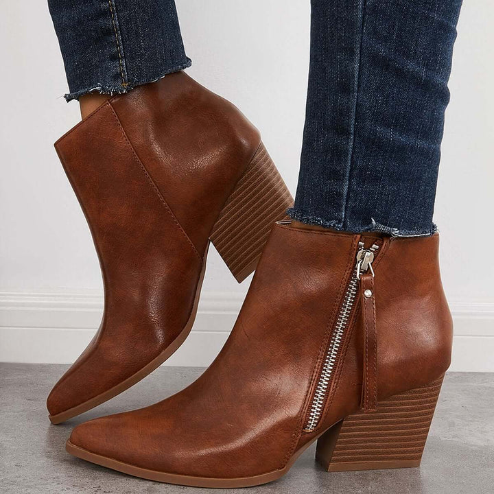 Pointed Toe Western Ankle Boots Chunky Block Heel Booties