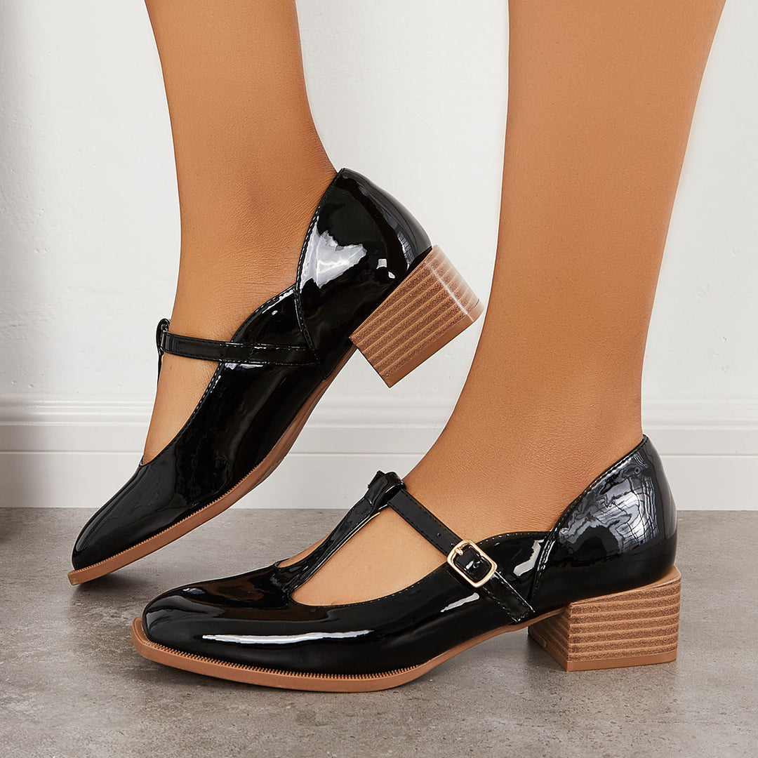 Patent Leather T-Strap Mary Jane Pumps Block Heel Shoes
