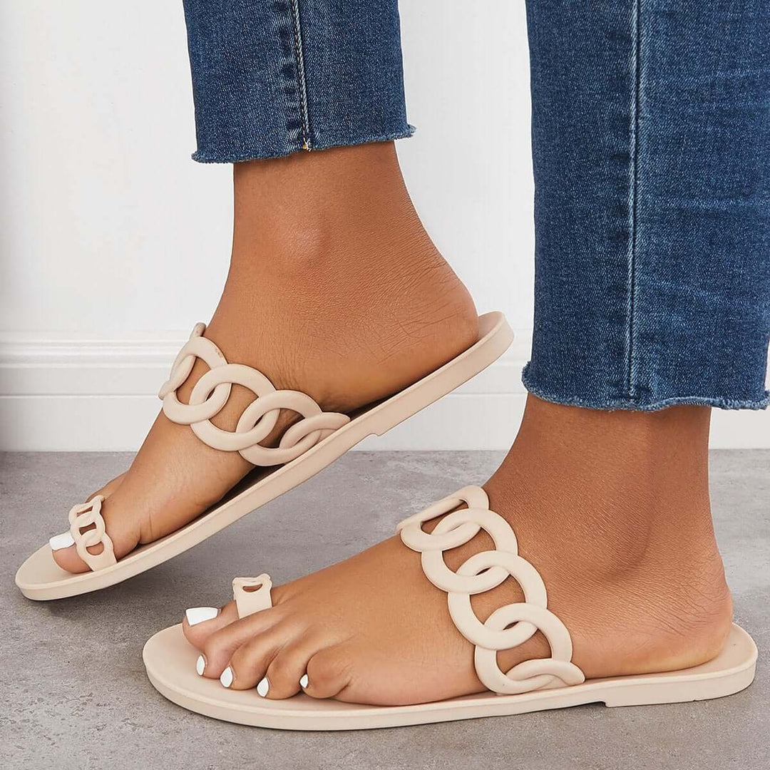 Slip-on Slide Sandals Toe Ring Single Band Flat Slippers