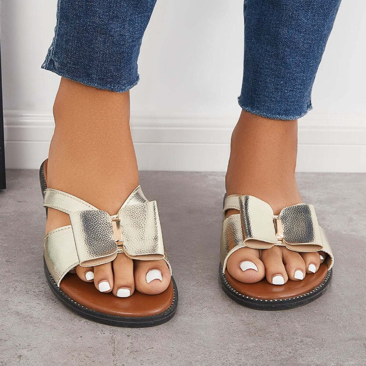 Retro Open Toe Flat Slide Sandals Slip on Soft Bow Slippers