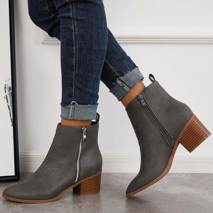 Pointed Toe Chunky Block Heel Booties Side Zipper Ankle Boots