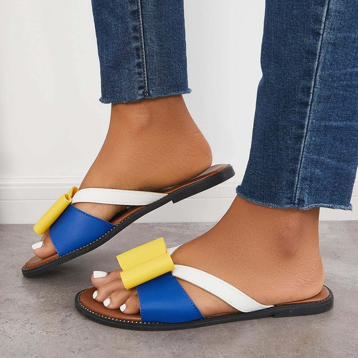 Retro Open Toe Flat Slide Sandals Slip on Soft Bow Slippers