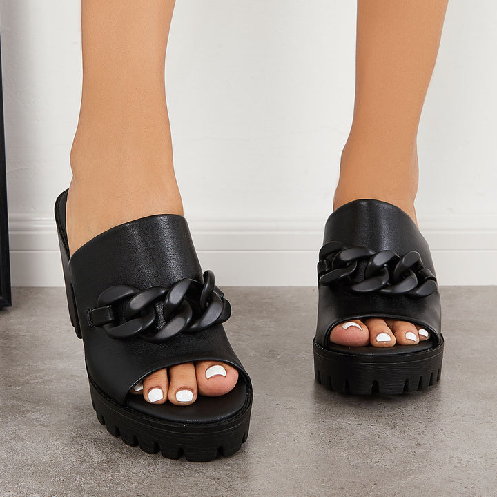 Chain Decor Block Chunky Heel Mules Peep Toe Slide Sandals