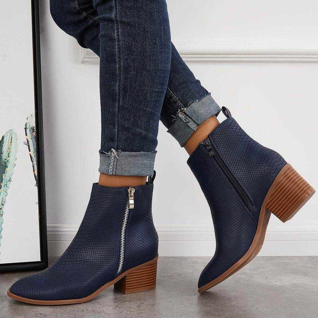 Pointed Toe Chunky Block Heel Booties Side Zipper Ankle Boots