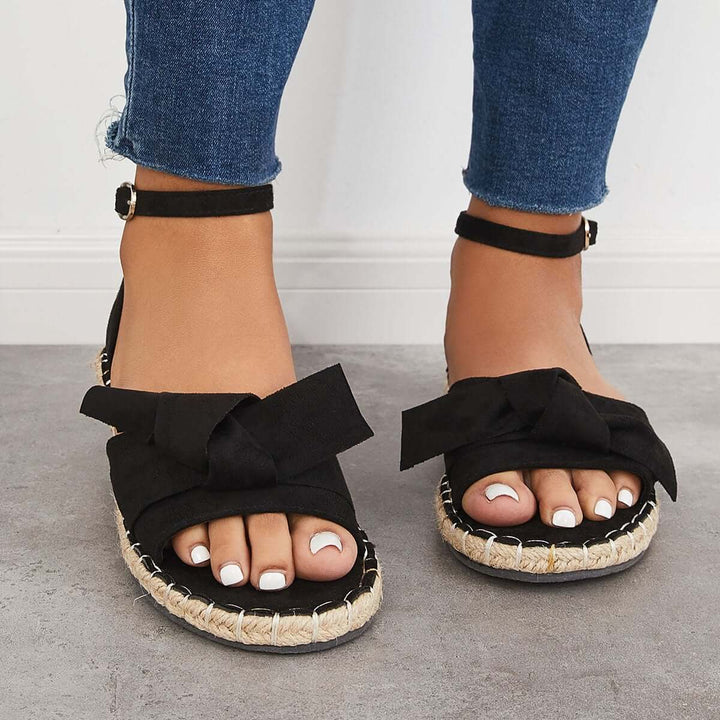 Cute Bow Espadrille Flat Sandals Open Toe Ankle Strap Sandals