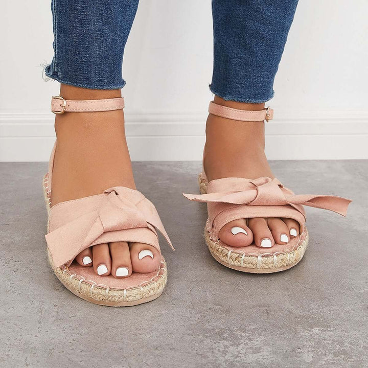 Cute Bow Espadrille Flat Sandals Open Toe Ankle Strap Sandals