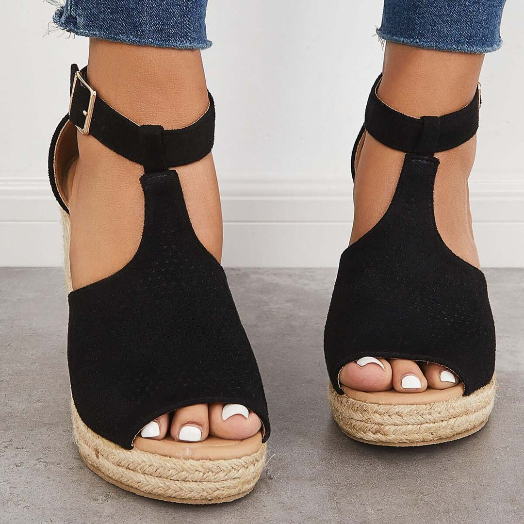 Black Platform Espadrille Heel Wedges Ankle Strap Sandals
