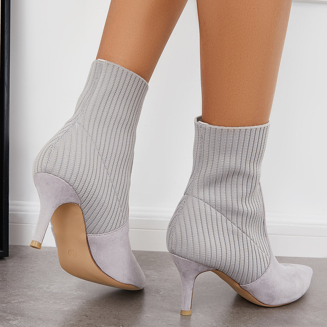 Pointed Toe Knit Sock Booties Stiletto Kitten Heel Ankle Boots