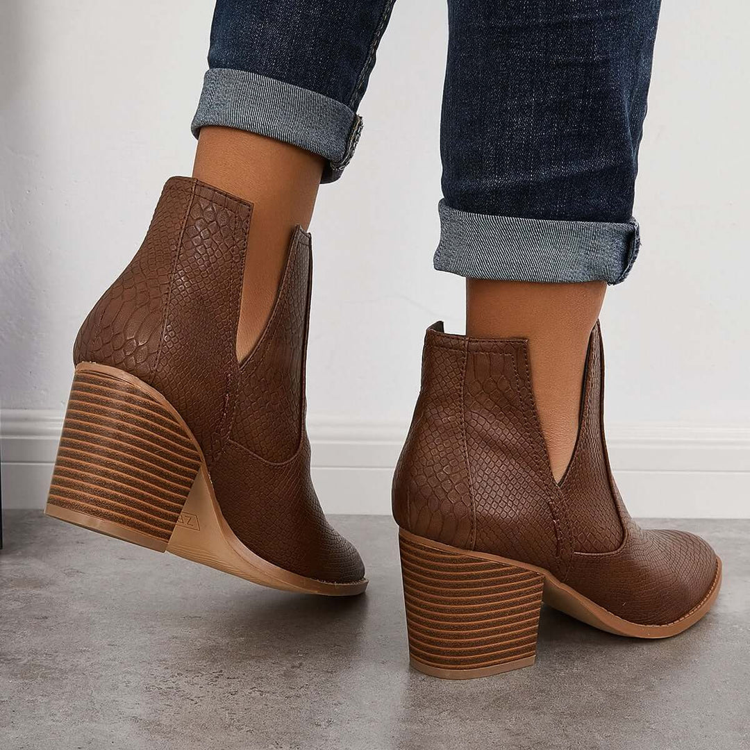 Slip on Cutout Ankle Boots Chunky Stacked Heel Western Booties