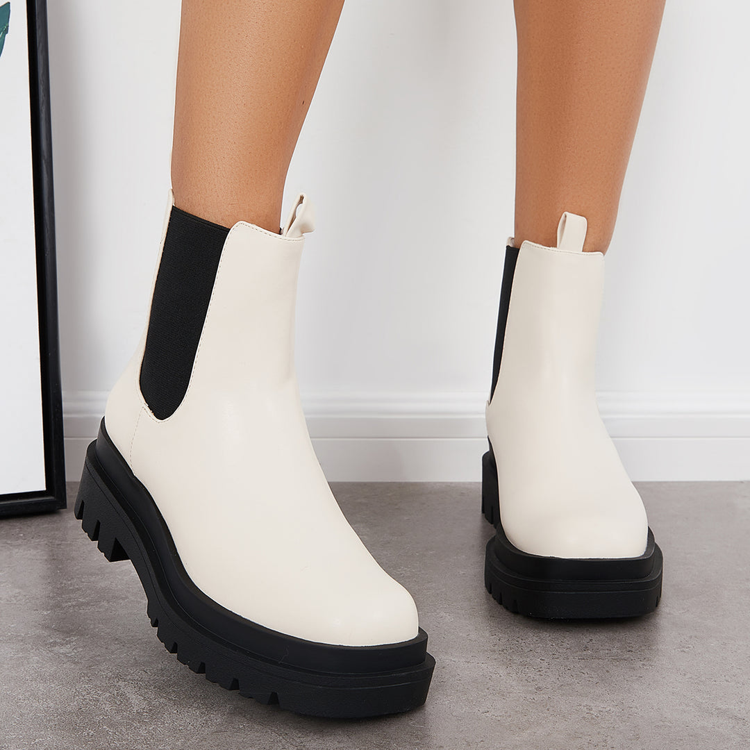 Women Lug Sole Platform Booties Chunky Heel Chelsea Ankle Boots