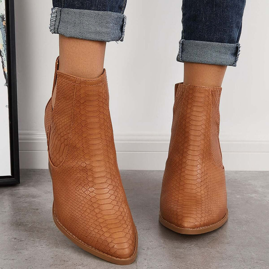 Slip on Cutout Ankle Boots Chunky Stacked Heel Western Booties