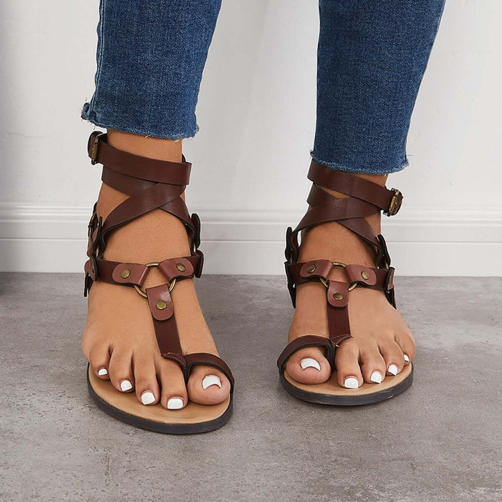 Vintage Toe Ring Flat Strappy Sandals Buckle Wrap Backless Sandals