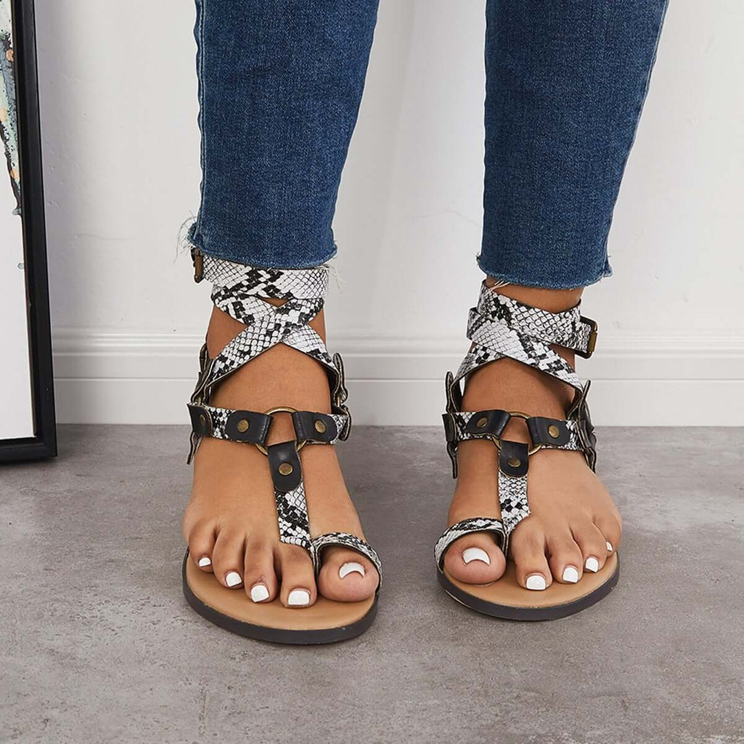 Vintage Toe Ring Flat Strappy Sandals Buckle Wrap Backless Sandals