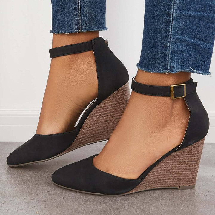 Classic Ankle Strap Wedges Pointed Toe Stacked Heel Dress Pumps