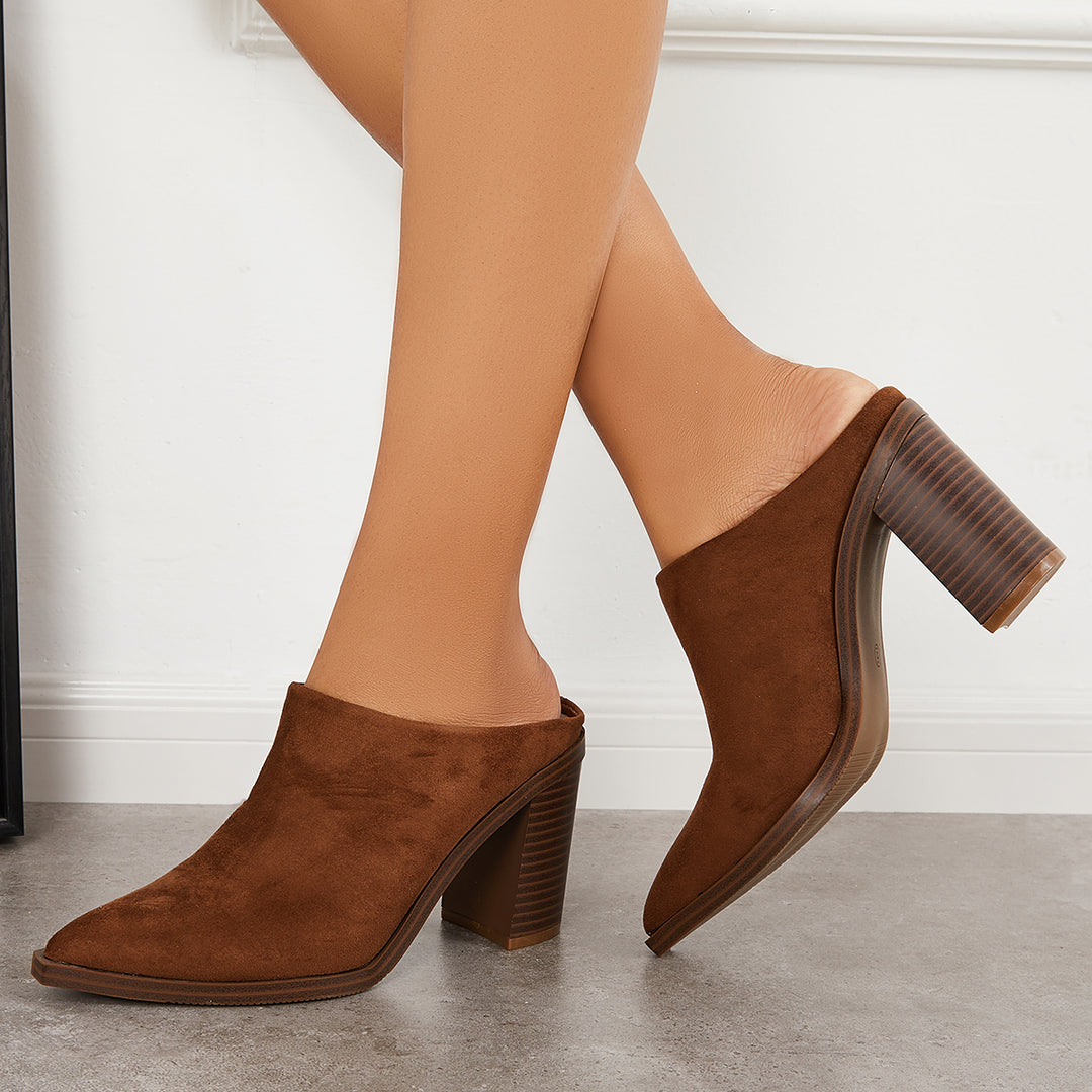 Pointed Toe Chunky Stacked Heel Mules Boots Slip on Backless Shoes