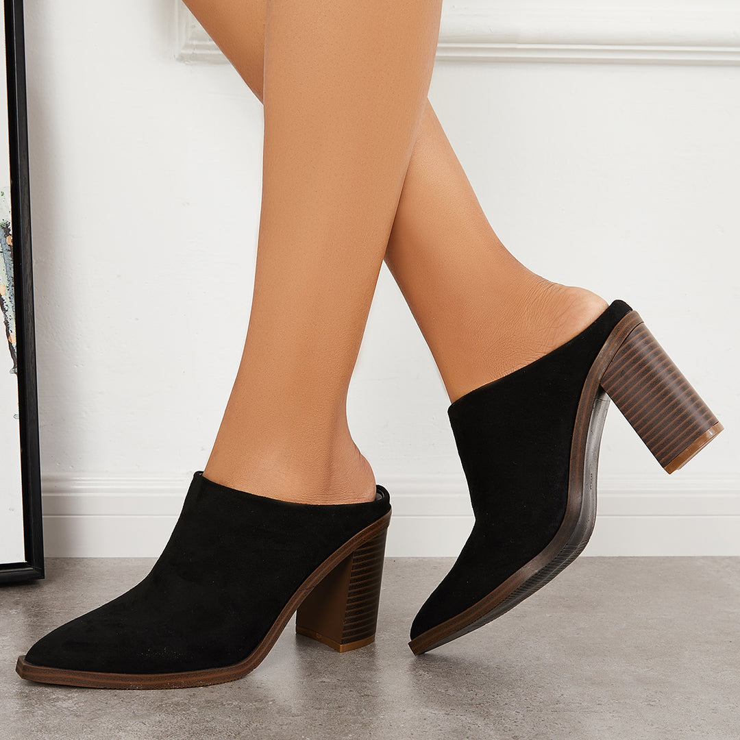 Pointed Toe Chunky Stacked Heel Mules Boots Slip on Backless Shoes