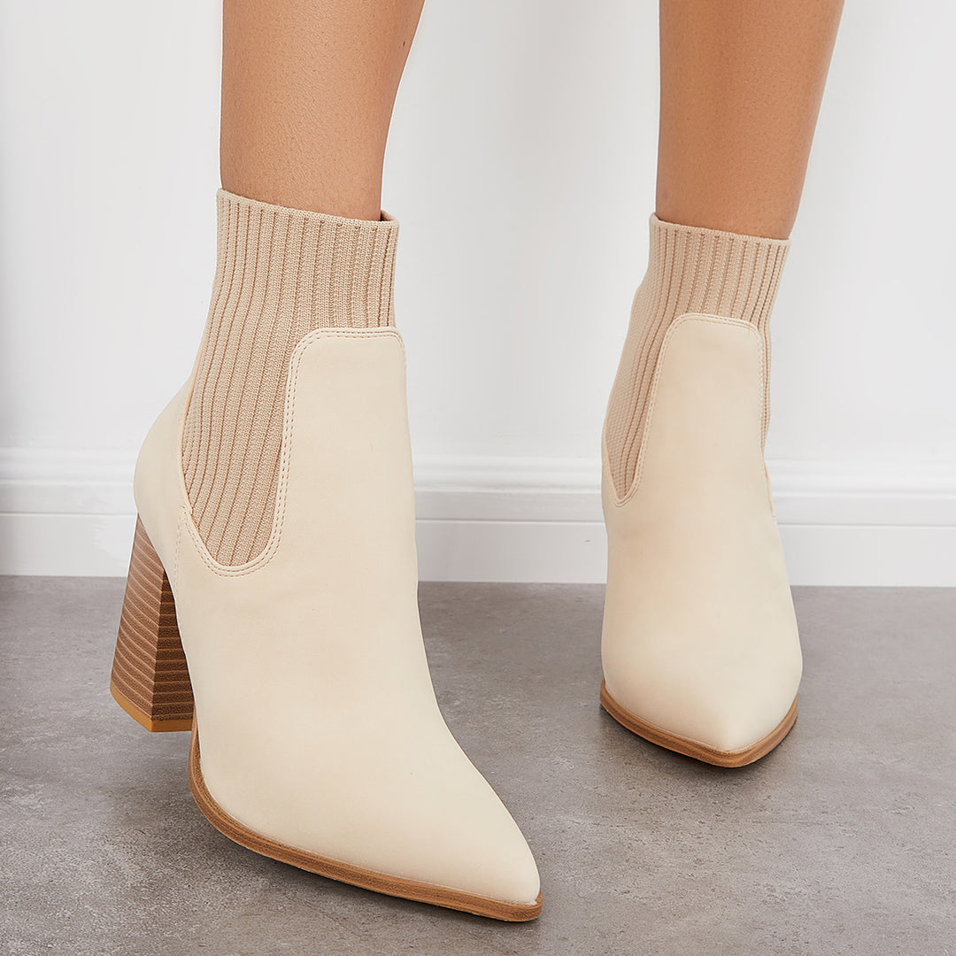 Elastic Pointed Toe Ankle Boots Chunky Heel Sock Booties
