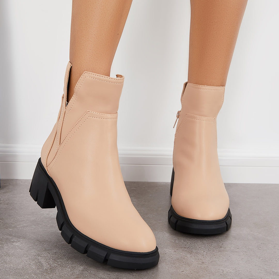 Cutout Chunky Sole Booties Side Zippper Ankle Boots