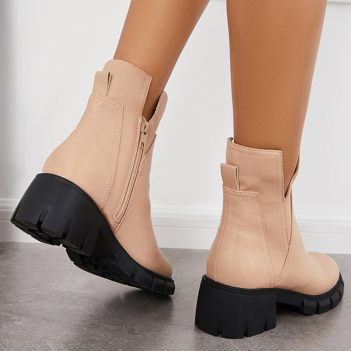 Cutout Chunky Sole Booties Side Zippper Ankle Boots