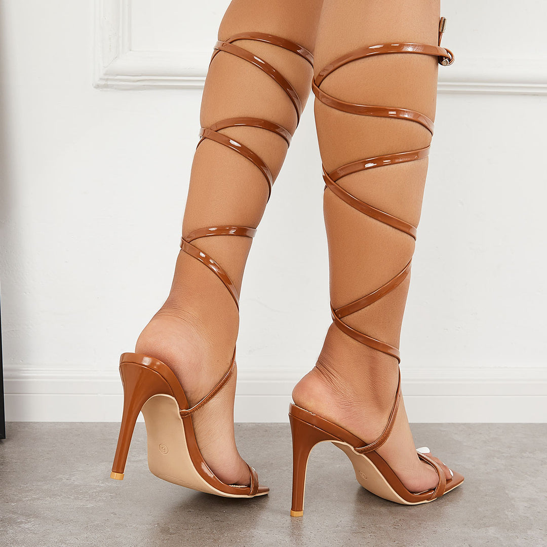 Lace Up Cross Strappy Sandals Square Toe Stiletto Heel Sandals