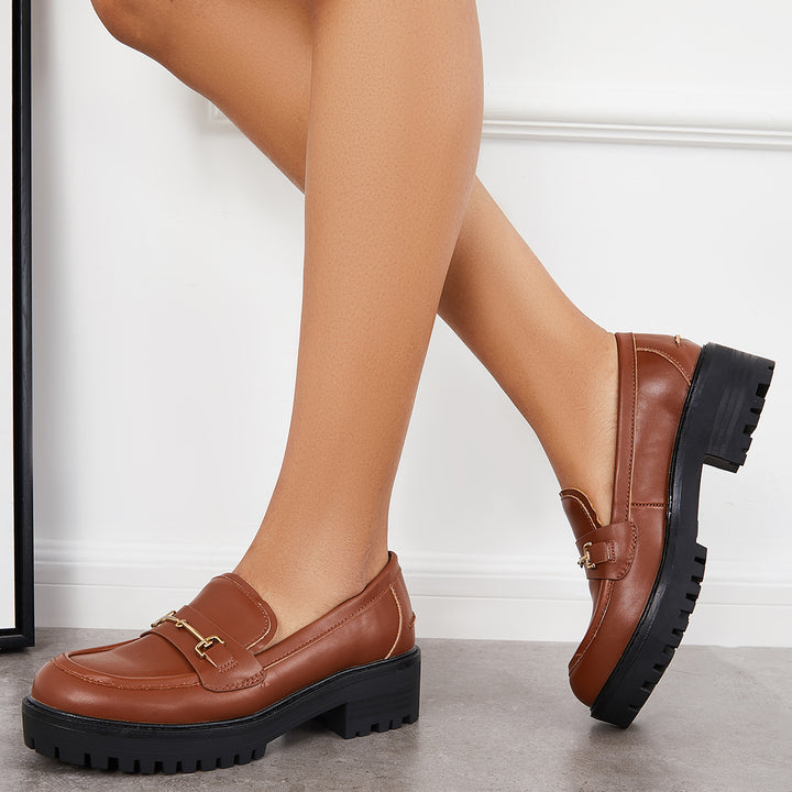 Platform Chunky Heel Penny Loafers Round Toe Lug Sole Work Shoes