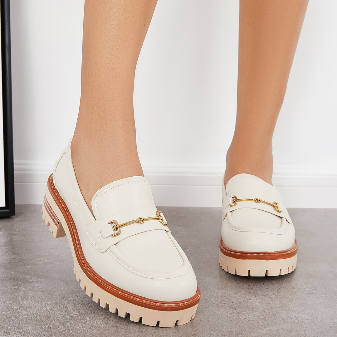 Platform Chunky Heel Penny Loafers Round Toe Lug Sole Work Shoes