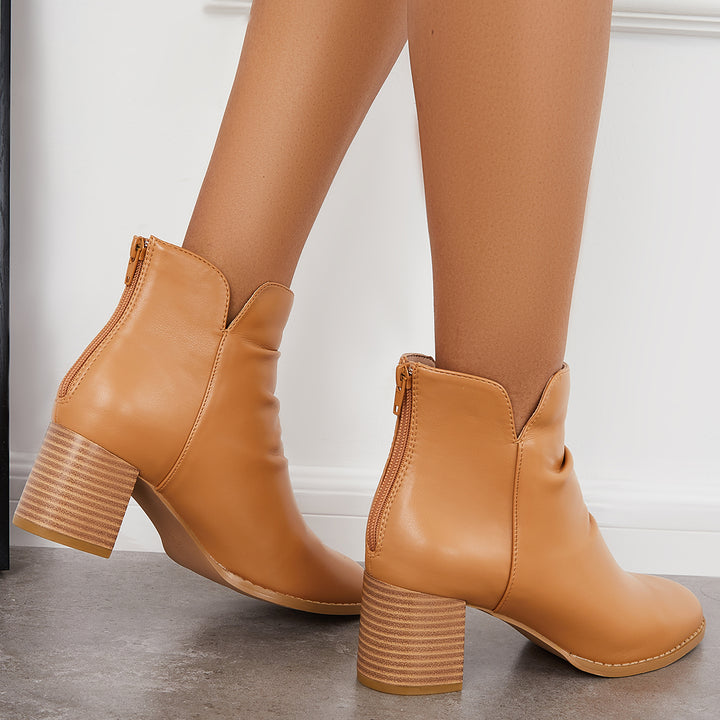 Slouchy Cut Out Ankle Boots Round Toe Chunky Block Heel Booties
